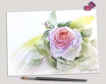 May include: Watercolor painting of a pink rose with green leaves and a bud. The painting is signed "Natalia Babichev" in the bottom right corner.