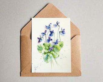 Watercolor violet flowers card Blue flowers note blank.