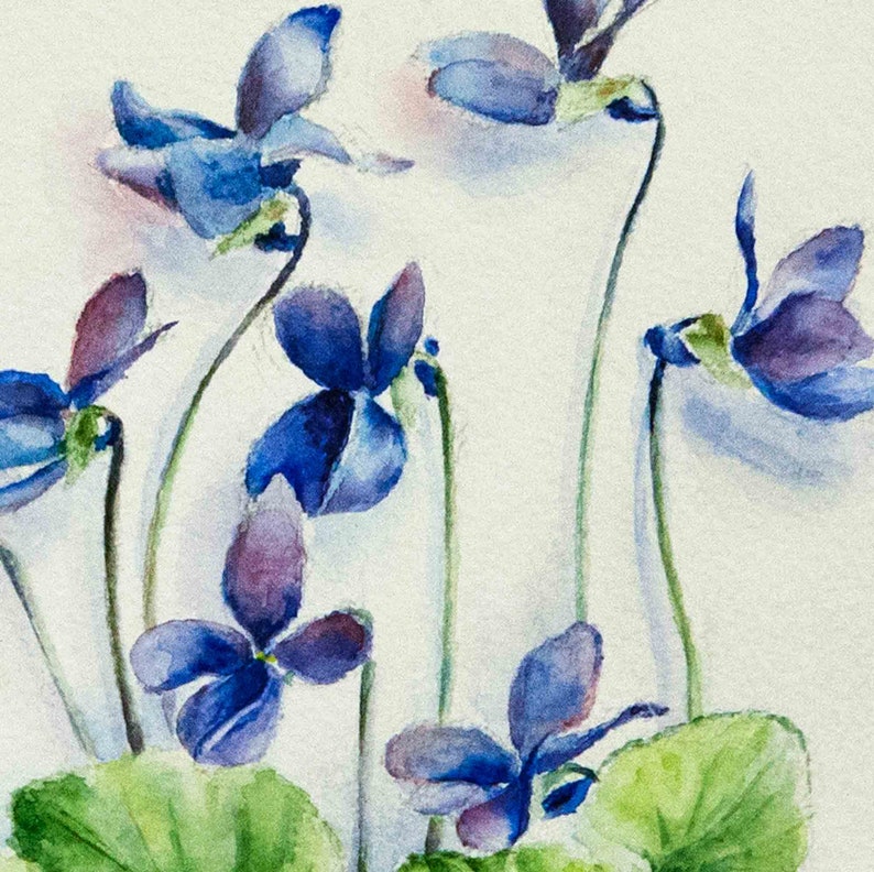 Watercolor violet flowers card Blue flowers note blank.