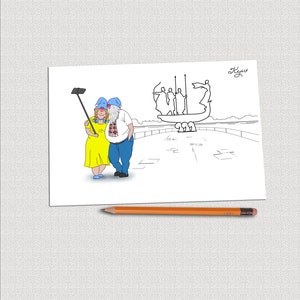 Travel printable PNG clipart. Ukrainian gnomes greeting card.