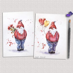 Wichtel lieben Valentinstag original Aquarell Postkarten, Druckkarten