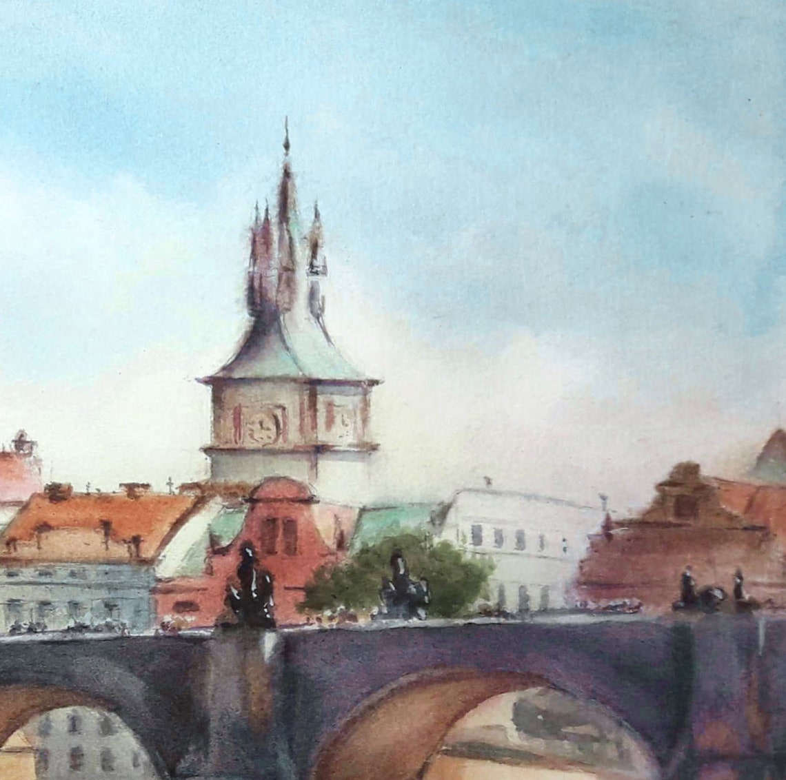 Prague cityscape watercolor painting 20 x 16. Travel Etsy