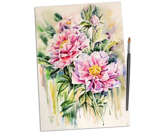 Peonies watercolor painting. Pink flowers wall art 20 x 16