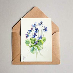 Aquarell violette Blumen Karte. Blaue Blumen beachten blanko.