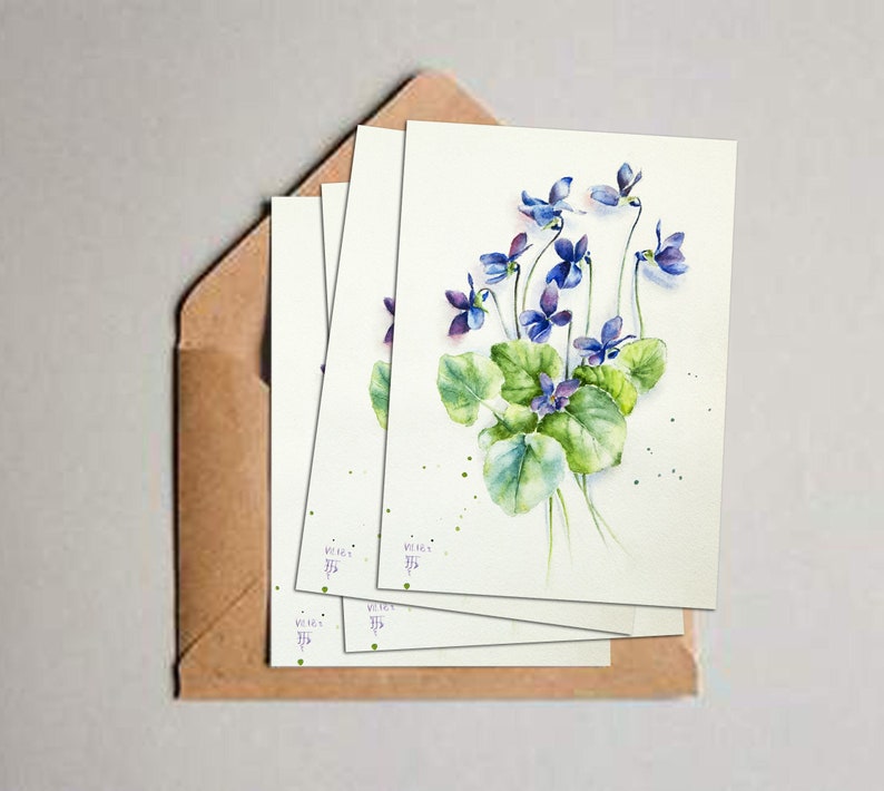 Watercolor violet flowers card Blue flowers note blank.