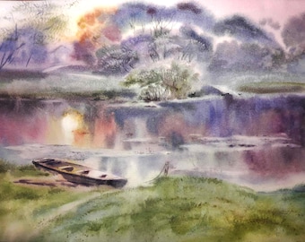 Sunset watercolor painting 16 x 12". Lake landscape wall art