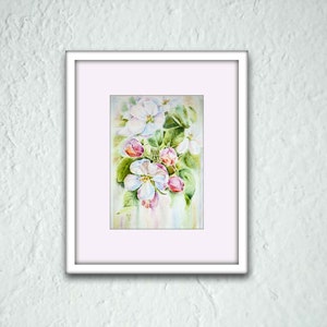 Apple blossom watercolor print. White flowers wall art image 1