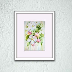 Stampa ad acquerello di fiori di melo. Arte murale di fiori bianchi