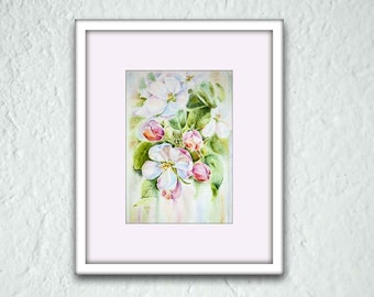 Apple blossom watercolor print. White flowers wall art