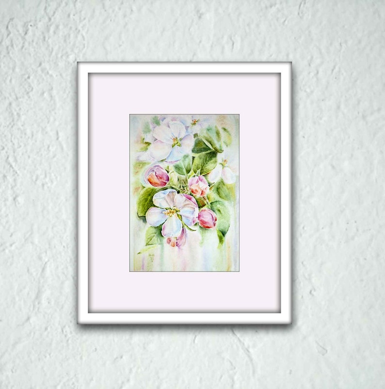 Apple blossom watercolor print. White flowers wall art image 1