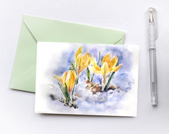 Carte postale imprimable fleurs. Note aquarelle crocus jaune vierge.