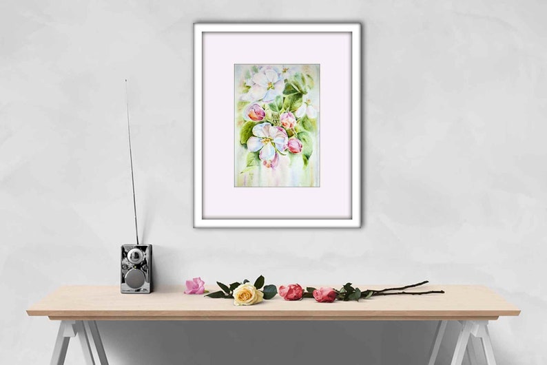 Apple blossom watercolor print. White flowers wall art image 2