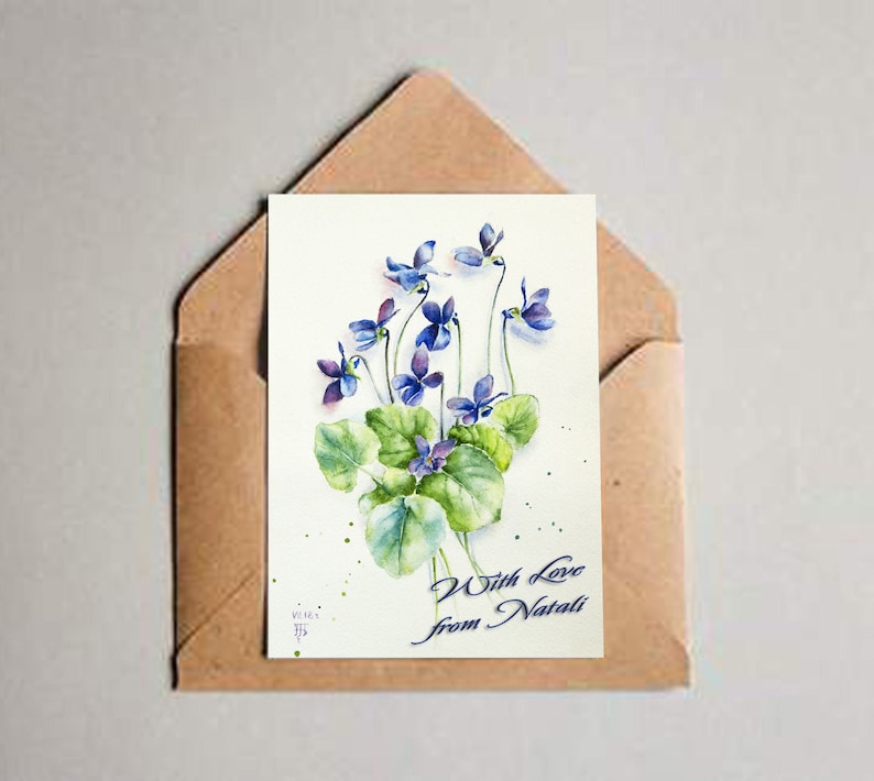 Watercolor violet flowers card Blue flowers note blank.