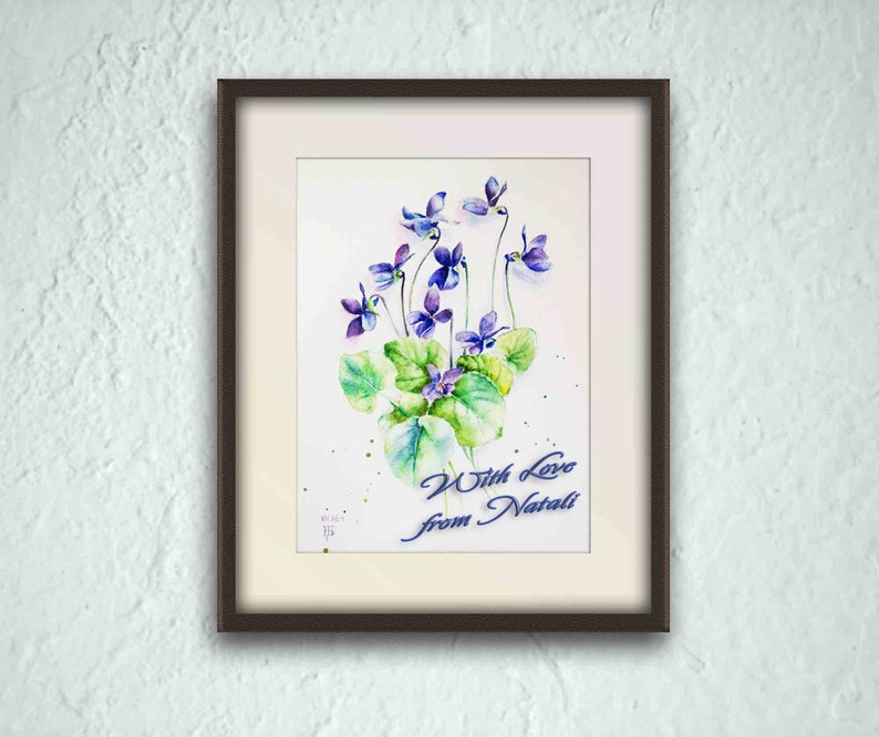 Watercolor violet flowers card Blue flowers note blank.