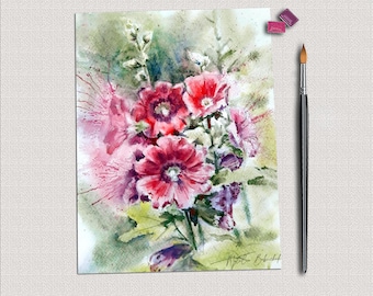 Flowers wall art. Original or print of Pink Mallow watercolor painting