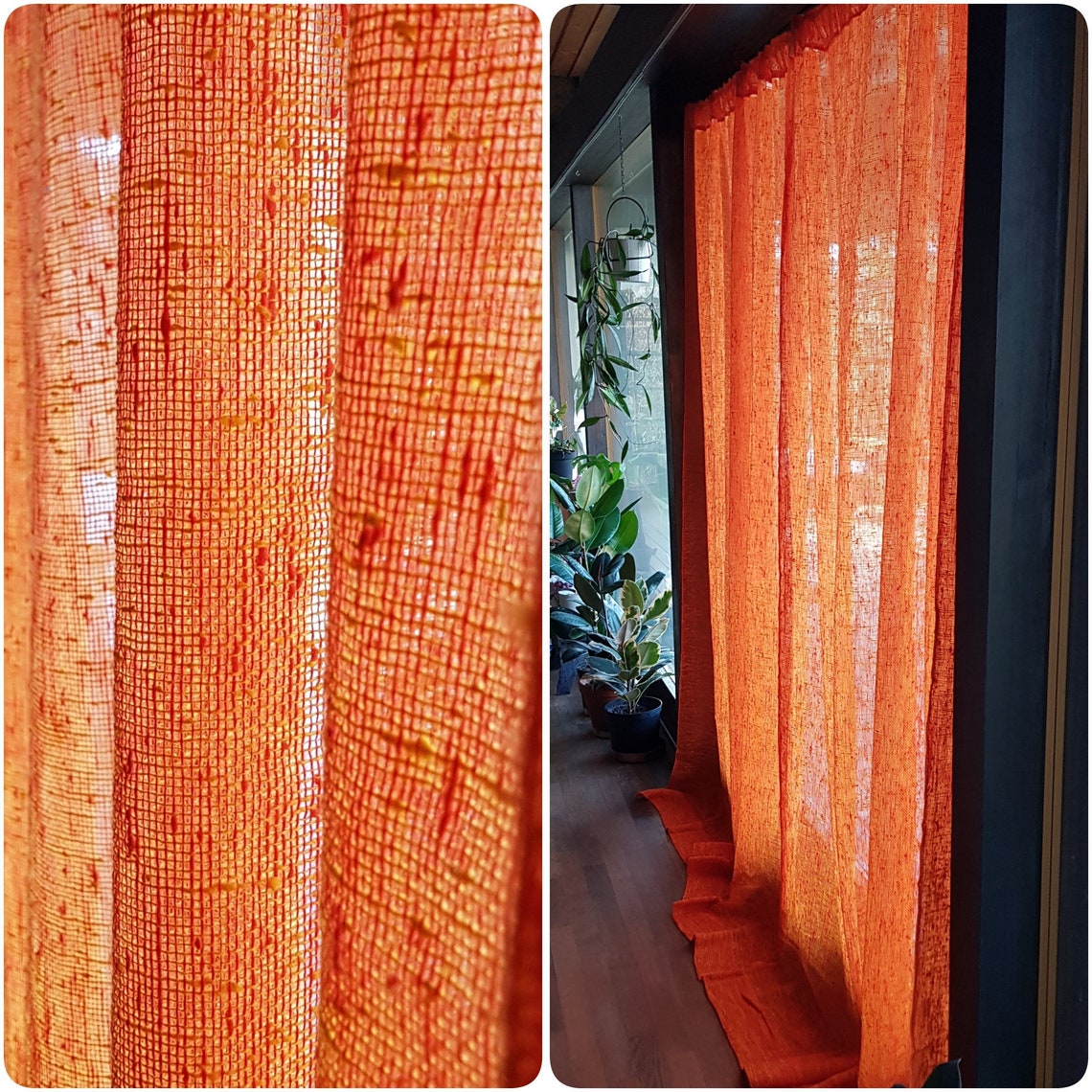 Scandinavian curtains. Net curtains in orange and yellow in a Etsy