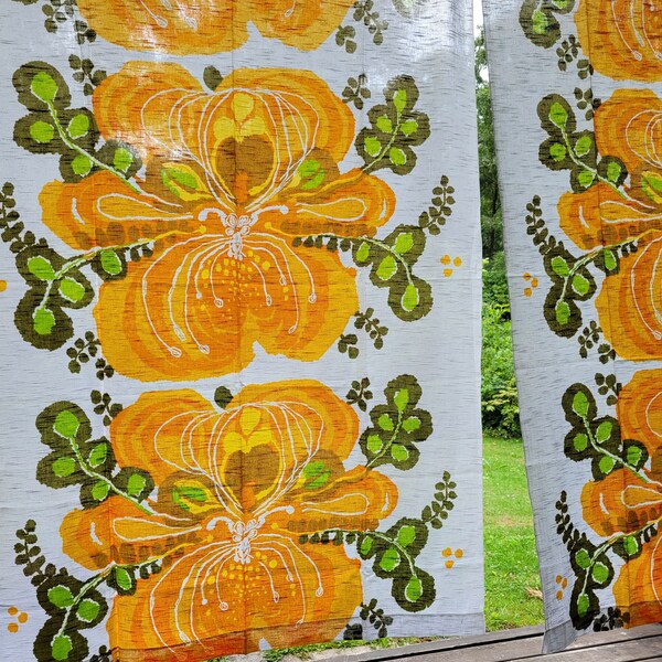 Scandinavian Vintage Curtain Panels Saini Salonen Octandria Floral Swedish Fabric Living Room Retro Home Decor Orange Mid Century Design 70