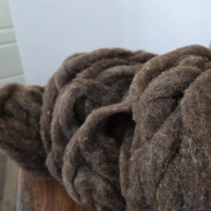 May include: Close-up of several bundles of brown wool roving. The wool has a soft, textured appearance and is arranged in a layered pattern. The natural fibers are a warm, earthy brown color, suitable for various craft projects.