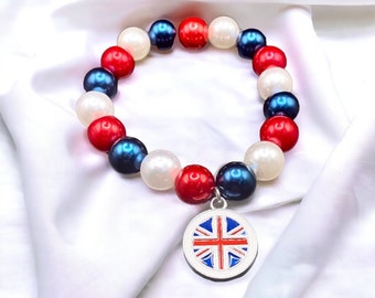 Union Jack Beaded Bracelet: British Flag Charm