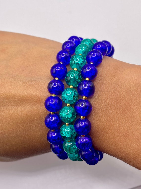 Poseidon Beaded Bracelet Set: Blue & Green Crackle Glass  display picture 2