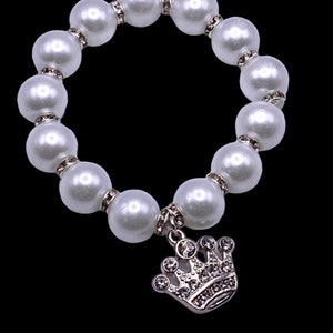 Ivory Beaded Bracelet: Diamanté Crown Charm, Royal Princess Style