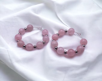 Rose quartz earrings, gemstone jewellery, rose quartz hoop earrings, spirituality gifts, pink and silver earrings, hoop earrings, gifts