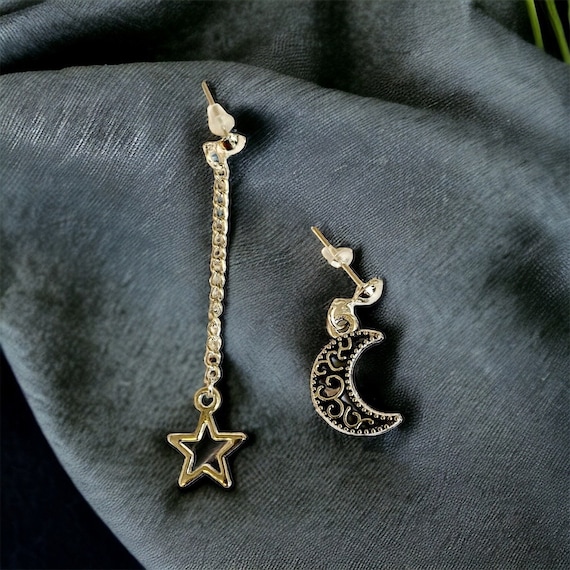 Mismatched Moon and Star Earrings: Celestial Silver Plated Studs