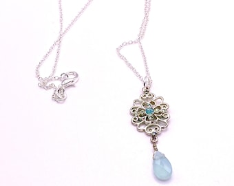 Sterling Silver Regency Necklace: Blue Stone Pendant, Metal Lacework