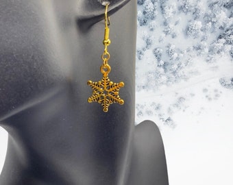 Gold Snowflake Dangle Earrings: Christmas Jewelry (4.5cm)