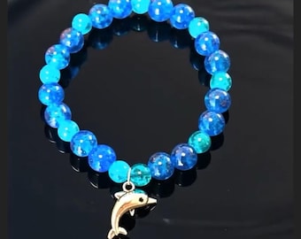 Blue Beaded Dolphin Charm Bracelet: Ocean Jewelry Gift