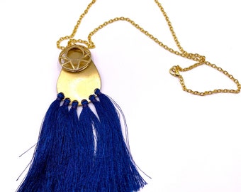 Aztec style necklace gold statement necklace gifts for her blue and gold pendant bold pendant large gold pendant blue tassel necklace