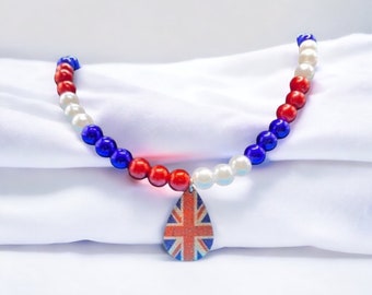Union Jack necklace, British flag, King Charles memorabilia, beaded choker, British themed gifts, red & white necklace, blue choker