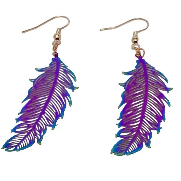 Rainbow feather earrings Iridescent feather drop earrings Rainbow jewellery Festival earrings Gifts for her feather jewellery