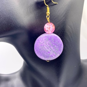 Purple Drop earrings, purple disc earrings, dangle earrings, retro earrings, disco jewellery, purple earrings