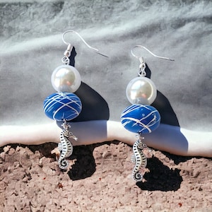 Blue drop earrings, seahorse jewellery, ocean themed gifts for her, blue dangle earrings, seahorse lover gifts