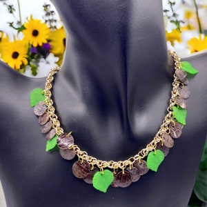 Dryad necklace, bib necklace, nature themed jewellery, leaf necklace, brown and green necklace, gold chain necklace, goddess gifts