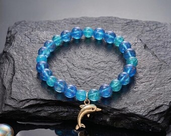Blue Beaded Dolphin Charm Bracelet: Ocean Jewelry Gift