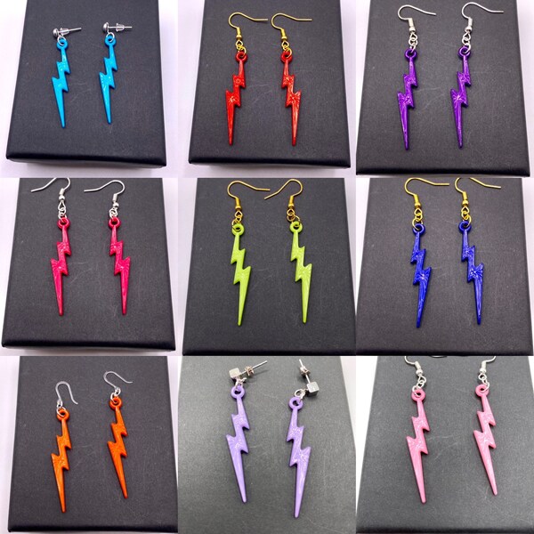 Lightning bolt earrings, festival jewellery neon earrings, neon lightning rave jewellery, colourful Bowie lightning bolt earrings