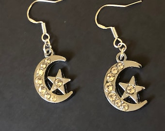 Silver moon earrings, 925 silver earrings, silver diamanté earrings, celestial jewellery, moon earrings, silver dangle earrings