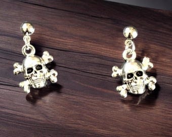 Silver Skull & Crossbones Stud Earrings: Gothic Skeleton Jewelry