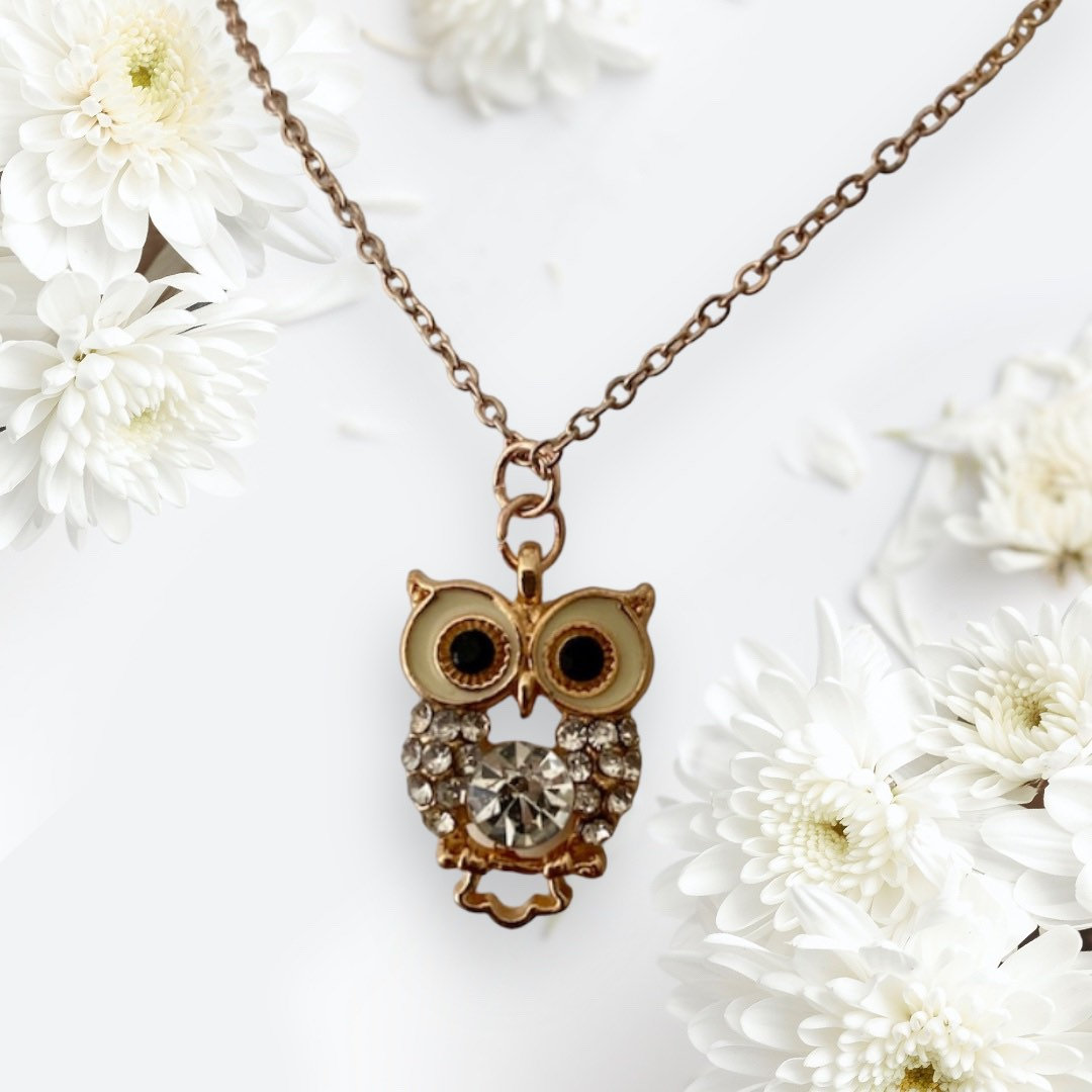 Diamanté Owl Necklace: Rose Gold Plated Glitzy Jewelry