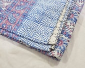 Blue handmade Kantha BedCover, Geometric Design Kantha Blanket Throw, Cotton Kantha Bedspread, Blue Indian Kantha Queen Size