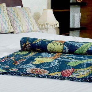 A New Indian Beautiful Handmade Peacock Kantha Quilt, Kantha BedCover, Kantha Blanket, Kantha Bedspread, Peacock kantha throw Queen Size