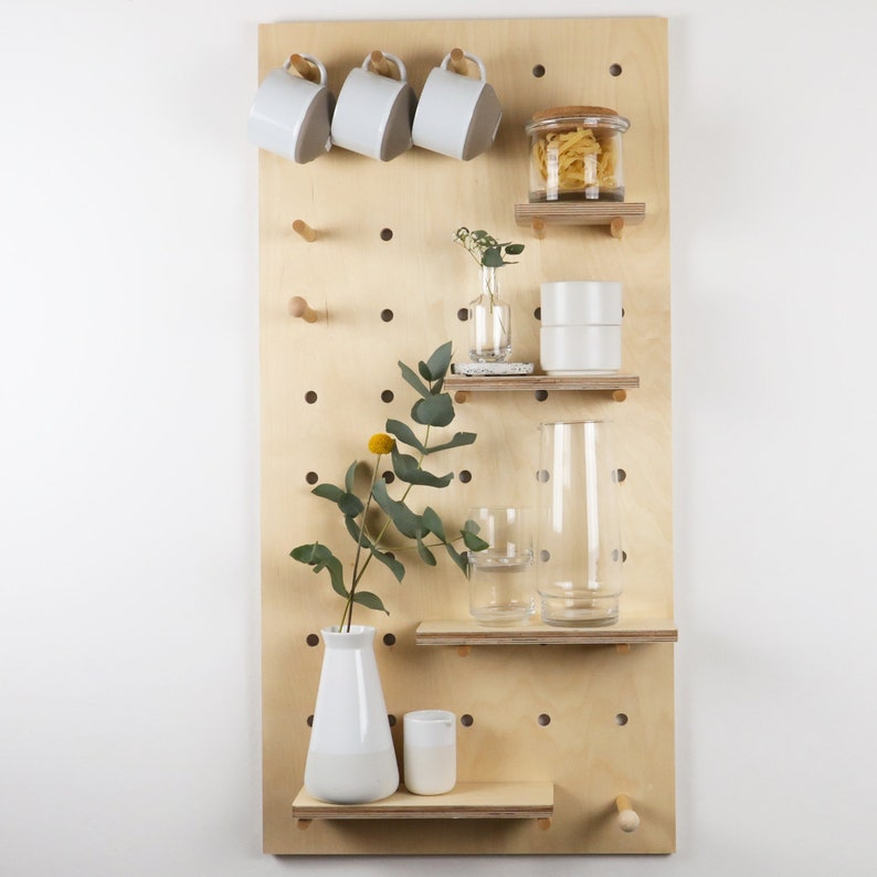 Wooden Pegboard / display board / shelving unit / wall organiser / plywood peg board / flexible storage / bathroom storage / kitchen storage image 1
