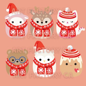 May include: A collection of six cartoon plush animal characters, including a sheep, deer, cat, bear, owl, and gingerbread man. Each character wears a red Santa hat and a red scarf with white snowflakes. The background is a solid peach color.