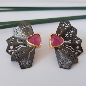 Sterling Silber Jacke Ohrringe, Rote Stein Ohrringe, Fächer Ohrringe, Geometrische Ohrringe, Bunt, Spitze Ohrringe, Romantisch