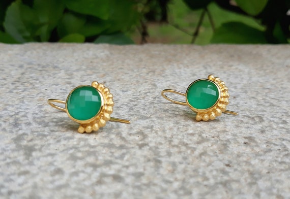 Green Agate Earrings: Gold Plated Silver 925, Handmade