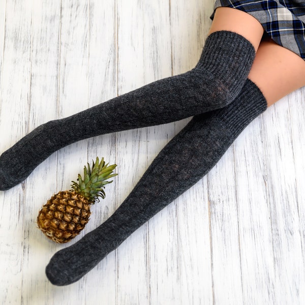 Wool socks Thigh high socks black Knee high socks Winter knit sock Long knitted socks Over the knee socks Valentines day for wife