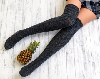 Wool socks Thigh high socks black Knee high socks Winter knit sock Long knitted socks Over the knee socks Valentines day for wife