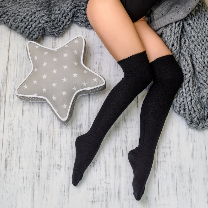 Wool Thigh High Socks Black Over the Knee Socks Women Long Etsy